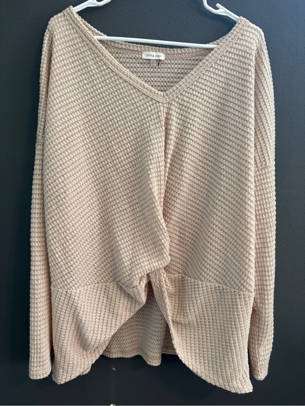Olivia Grey Beige Waffle Knit Front-Twist Sweater 2X NWOT